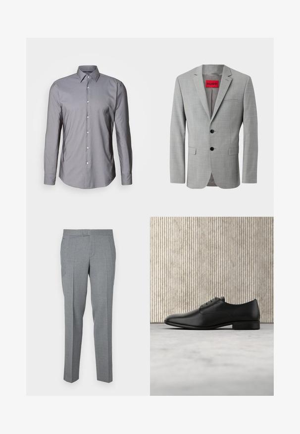 Blazer gris de tejido texturizado, con dos botones negros, un bolsillo en el pecho y una etiqueta interior roja con "HUGO".; Camisa gris de manga larga con botones, con un cuello estructurado, cierre frontal de botones y una textura suave. Presenta un ajuste ligeramente entallado.; Pantalones grises a medida hechos de una tela texturizada, con un diseño de frente plano, trabillas para cinturón y dos bolsillos laterales. Diseño de pierna recta.; Zapato de vestir de cuero negro con un diseño elegante, punta redonda, cinco ojales para los cordones y un pequeño tacón elevado. Detalle de logo sutilmente embossado.