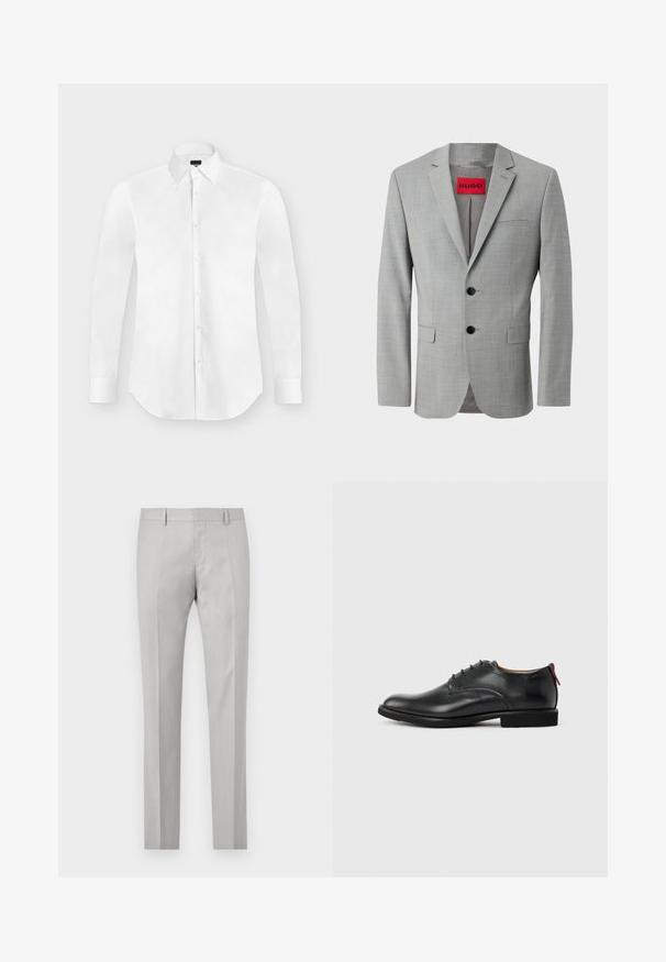 Grå blazer lavet af struktureret stof, med to sorte knapper, en enkelt brystlomme og en rød indvendig label med "HUGO."; Hvid langærmet skjorte med knapper og spidst krave, lagt fladt på en lysegrå baggrund.; Lys grå skræddersyede bukser med en glat tekstur, flad front og to sidelommer. Har lige ben og subtile plissé-detaljer.; Sort herresko i læder med snørebånd foran og rød træktab på hælen mod en ensfarvet baggrund.