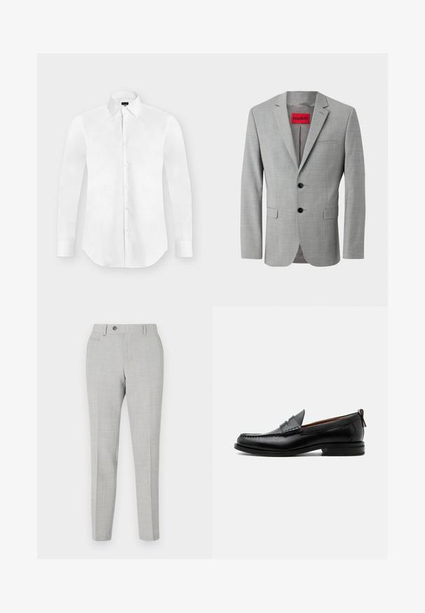 Blazer gris de tejido texturizado, con dos botones negros, un bolsillo en el pecho y una etiqueta interior roja con "HUGO".; Camisa blanca de vestir de manga larga con botones y cuello puntiagudo, colocada perfectamente plana sobre un fondo gris claro.; Pantalones grises a medida con un sutil patrón de cuadros, fabricados en una tela ligera. Cuentan con un cierre de botón y bolsillos laterales. Silueta ajustada.; Mocasín de hombre de piel negra con costura moc toe, tira penny, cuello texturizado y tacón bajo apilado sobre fondo blanco.