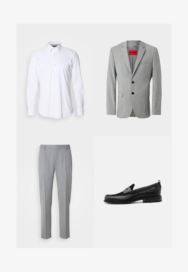 Blazer gris en tissu texturé, avec deux boutons noirs, une poche poitrine simple et une étiquette intérieure rouge avec "HUGO."; Chemise blanche à manches longues avec boutons, en tissu lisse, dotée d'un col pointu et d'une coupe régulière. Présente une patte de boutonnage à l'avant avec six boutons.; Pantalons gris sur mesure avec une texture lisse, présentant un devant plat, des jambes droites et de légères pinces pour plus de détail.; Mocassin en cuir noir avec détail de bride grise, talon bas et semelle texturée, marqué "HUGO" en or sur le côté.