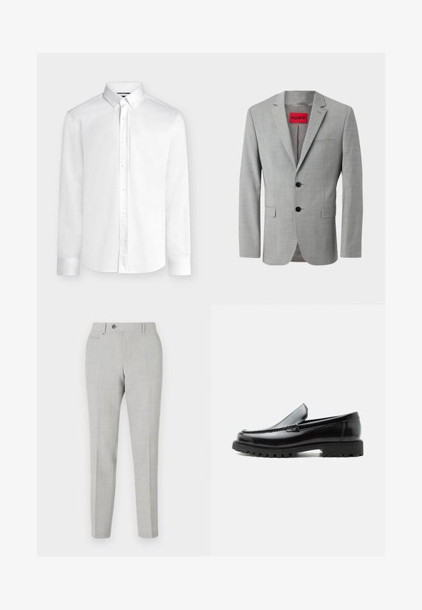 Blazer gris de tejido texturizado, con dos botones negros, un bolsillo en el pecho y una etiqueta interior roja con "HUGO".; Camisa blanca de manga larga con botones, cuello abotonado y puños estándar, mostrada sobre un fondo liso de color gris claro.; Pantalones grises a medida con un sutil patrón de cuadros, fabricados en una tela ligera. Cuentan con un cierre de botón y bolsillos laterales. Silueta ajustada.; Mocasín de cuero negro con suela de goma gruesa, empeine cosido y nombre de la marca en relieve en el talón, mostrado en perfil lateral sobre fondo blanco.