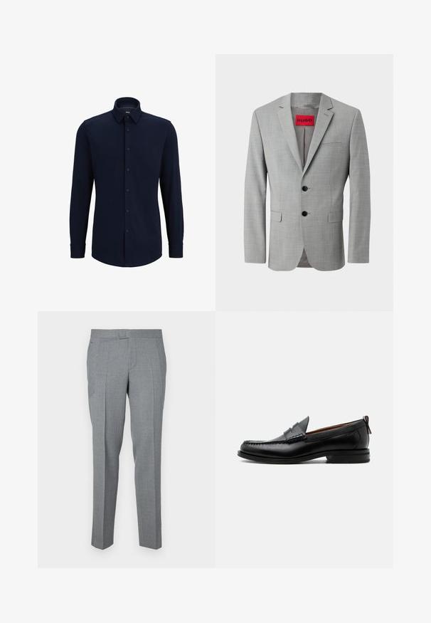 Blazer gris de tejido texturizado, con dos botones negros, un bolsillo en el pecho y una etiqueta interior roja con "HUGO".; Camisa de botones de manga larga en color navy, hecha de tela tejida, que presenta un cuello clásico, corte recto y cierre frontal de botones.; Pantalones grises a medida hechos de una tela texturizada, con un diseño de frente plano, trabillas para cinturón y dos bolsillos laterales. Diseño de pierna recta.; Mocasín de hombre de piel negra con costura moc toe, tira penny, cuello texturizado y tacón bajo apilado sobre fondo blanco.