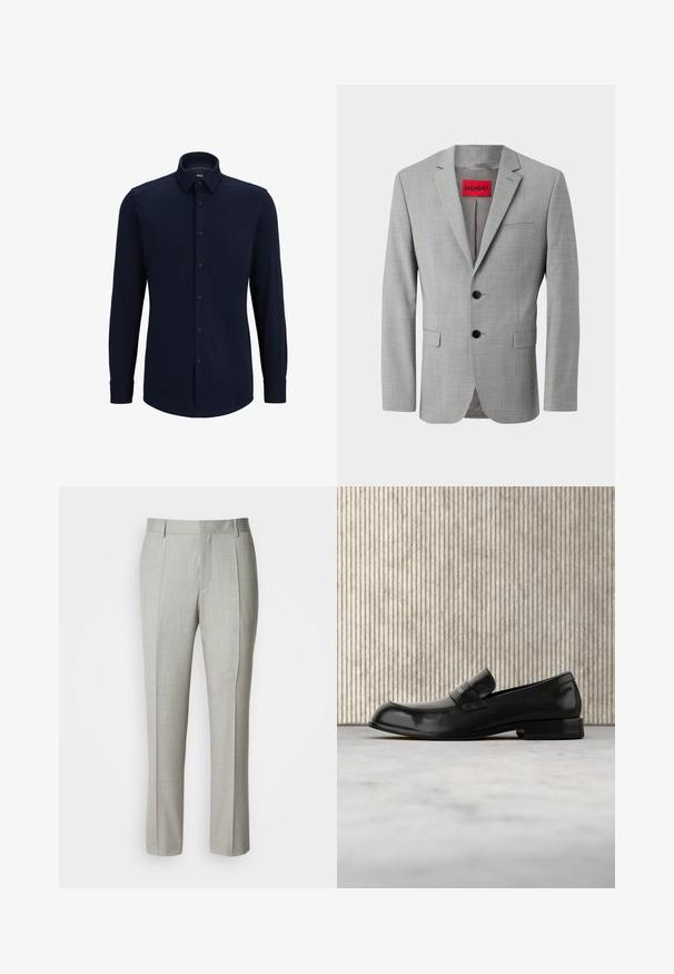 Blazer gris en tissu texturé, avec deux boutons noirs, une poche poitrine simple et une étiquette intérieure rouge avec "HUGO."; Chemise à manches longues bleu marine, boutonnée, en tissu tissé, avec un col classique, une coupe droite et une fermeture à boutons sur le devant.; Pantalon tailleur gris clair en tissu lisse, présentant une coupe droite, des plis à l'avant, et une ceinture classique avec passants pour ceinture.; Mocassin en cuir noir avec un accent métallique, présenté en lévitation au-dessus d'un tapis beige, avec une table ronde de couleur ambre en arrière-plan.