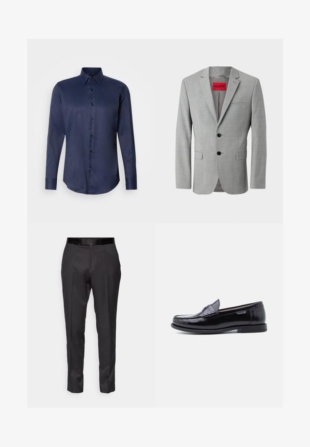 Blazer gris de tejido texturizado, con dos botones negros, un bolsillo en el pecho y una etiqueta interior roja con "HUGO".; Camisa de vestir de manga larga para hombre en azul marino, con cuello puntiagudo y cierre frontal de botones, presentada sobre un fondo blanco liso.; Pantalones negros ajustados con un corte slim, frente plano y un brillo sutil. Presentan una cinturilla negra suave y detalles de pliegue a lo largo de las piernas.; Mocasines de cuero negro con acabado brillante, que presentan un diseño cosido en la puntera y una suela baja de goma negra texturizada.