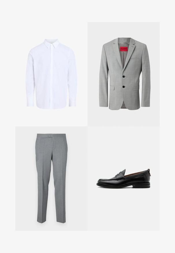 Grau blazer aus strukturiertem Material, mit zwei schwarzen Knöpfen, einer einzelnen Brusttasche und einem roten Innenetikett mit "HUGO."; Weißes Hemd mit langen Ärmeln und klassischem Kragen, aus glattem Stoff gefertigt, mit durchgehendem Knopfleistenverschluss und abgerundetem Saum.; Grau maßgeschneiderte Hose aus strukturiertem Stoff, mit flachem Vorderteil, Gürtelschlaufen und zwei Seitentaschen. Gerades Bein-Design.; Schwarzer Leder-Herrenschuh mit Mokassinnaht, Penny-Riemen, strukturiertem Kragen und niedrigem gestapeltem Absatz auf weißem Hintergrund.