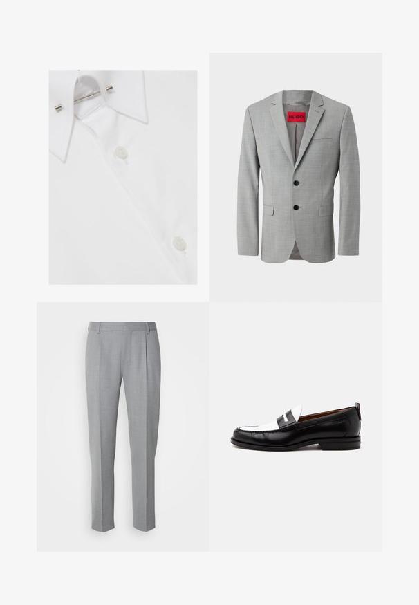 Grå blazer lavet af struktureret stof, med to sorte knapper, en enkelt brystlomme og en rød indvendig label med "HUGO."; Hvid skjortekrave med metal-kraveindsatser og to synlige knapper på en glat stofbaggrund.; Grå skræddersyede bukser med en glat tekstur, som har en flad front, lige ben og diskrete folder for ekstra detalje.; Sort-hvid læderloafer med syning, lav hæl og slip-on design, vist fra siden på en ensfarvet baggrund.