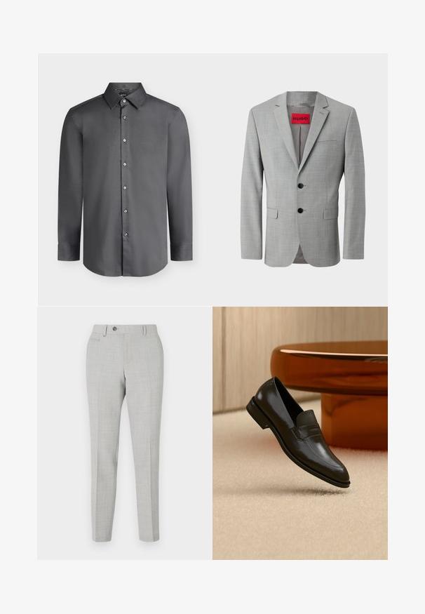Blazer gris de tejido texturizado, con dos botones negros, un bolsillo en el pecho y una etiqueta interior roja con "HUGO".; Camisa de vestir para hombre de manga larga en gris oscuro con cuello puntiagudo y botones delanteros, mostrada sobre un fondo gris claro.; Pantalones grises a medida con un sutil patrón de cuadros, fabricados en una tela ligera. Cuentan con un cierre de botón y bolsillos laterales. Silueta ajustada.; Mocasín de cuero negro con un diseño elegante, que presenta una banda texturizada y un acabado suave. Colocado sobre un fondo claro y suave.