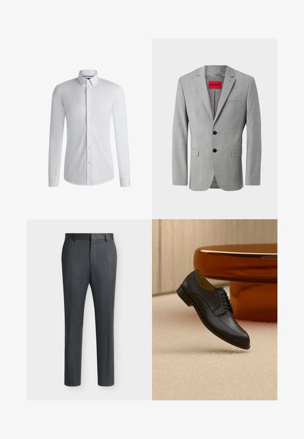 Blazer gris de tejido texturizado, con dos botones negros, un bolsillo en el pecho y una etiqueta interior roja con "HUGO".; Camisa blanca de manga larga hecha de tejido suave, con un cuello abotonado y una fila de botones en la parte delantera. Diseño simple.; Pantalones formales de color gris oscuro con trabillas para cinturón y líneas de pliegue, exhibidos sobre un fondo claro y liso.; Zapato de vestir negro de cuero con cordones flotando sobre una alfombra beige, con una mesa redonda naranja al fondo.