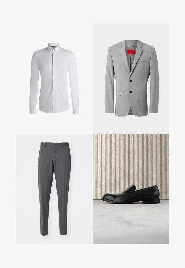 Blazer gris de tejido texturizado, con dos botones negros, un bolsillo en el pecho y una etiqueta interior roja con "HUGO".; Camisa blanca de manga larga hecha de tejido suave, con un cuello abotonado y una fila de botones en la parte delantera. Diseño simple.; Pantalones grises hechos de una tela suave, con cierre de botón, bolsillos delanteros y un diseño ajustado.; Mocasín negro de cuero con detalle metálico, mostrado suspendido sobre una alfombra beige, con una mesa redonda de color ámbar en el fondo.