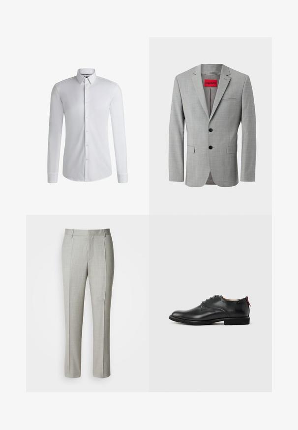 Grå blazer lavet af struktureret stof, med to sorte knapper, en enkelt brystlomme og en rød indvendig label med "HUGO."; Langærmet hvid skjorte lavet af glat stof, med en krave med knapper og en række knapper foran. Enkelt design.; Lysegrå, skræddersyede bukser lavet af glat stof med lige snit, for-pressede læg og klassisk linning med bæltestropper.; Sort herresko i læder med snørebånd foran og rød træktab på hælen mod en ensfarvet baggrund.