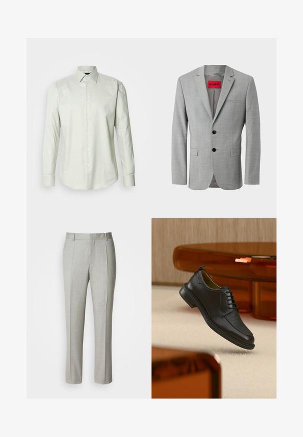 Blazer gris en tissu texturé, avec deux boutons noirs, une poche poitrine simple et une étiquette intérieure rouge avec "HUGO."; Chemise à manches longues vert clair, à boutons, avec un col structuré, texture unie et patte de boutonnage à l'avant avec des boutons blancs.; Pantalon tailleur gris clair en tissu lisse, présentant une coupe droite, des plis à l'avant, et une ceinture classique avec passants pour ceinture.; Chaussure habillée noire en cuir à lacets avec devant texturé, flottant au-dessus d'un tapis beige dans une pièce moderne avec des meubles teintés d'ambre.