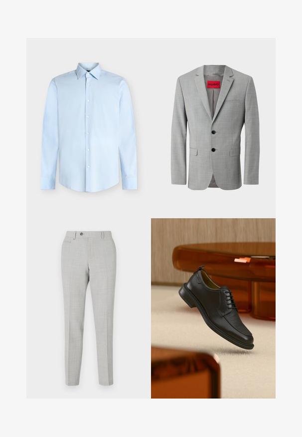 Blazer gris de tejido texturizado, con dos botones negros, un bolsillo en el pecho y una etiqueta interior roja con "HUGO".; Camisa de vestir de hombre azul claro de manga larga con cierre de botones en la parte delantera y cuello puntiagudo, mostrada sobre un fondo blanco.; Pantalones grises a medida con un sutil patrón de cuadros, fabricados en una tela ligera. Cuentan con un cierre de botón y bolsillos laterales. Silueta ajustada.; Zapato de vestir negro de piel con cordones y parte delantera texturizada, flotando sobre una alfombra beige en una habitación moderna con muebles de tono ámbar.