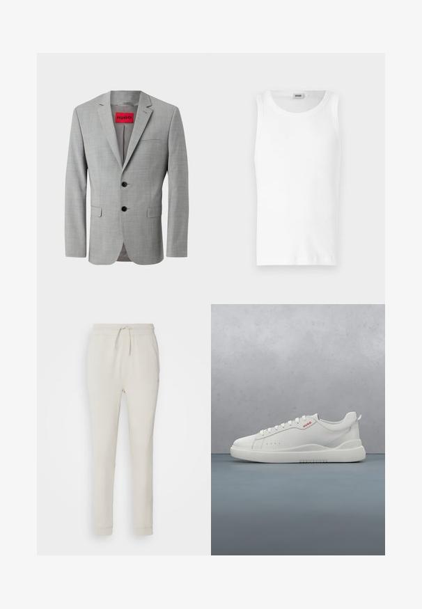 Grijze blazer van textiel met structuur, voorzien van twee zwarte knopen, een enkele borstzak en een rode binnenlabel met "HUGO."; Witte katoenen mouwloze tanktop met een ronde halslijn en een gladde textuur. Eenvoudig ontwerp, geen patronen of accenten.; Lichtbeige sweatpants van zacht, gemêleerd materiaal. Heeft een tailleband met trekkoord, geribbelde manchetten en zijzakken. Getailleerde pasvorm.; Witte sneaker met een gladde leren afwerking, ronde neus, vier veterogen, subtiele perforaties en een rood logo detail aan de zijkant.