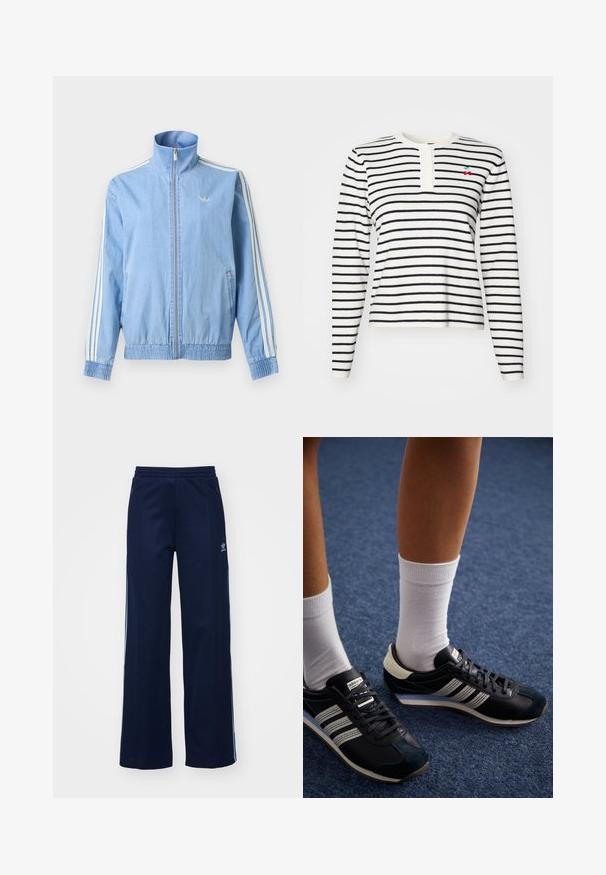 Helehall sinine jooksujakk tõmblukuga, millel on valged kolmetriibulised detailid varrukaotstel ja väike tikitud logo vasakul rinnal.; Valge ja tumesinise triibuga pika varrukaga topp, millel on henley kaelus nuppudega ja väike broderi kirss rinnal.; Tumesinise puuvillaseguse kangaga dressipüksid laia säärekujundusega, elastse värvliga ja tõmblukkudega taskutega, millel on valged külg triibud ja logodetail.; Mustad mustad spordialused, millel on kolm valget riba, sujuva nahk- ja sünteetikkaanega, koos valgete lühikeste sokkidega sinisel vaibal.