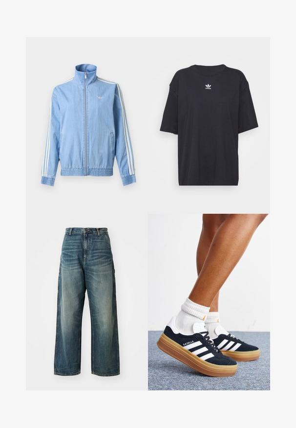 Lys blå trackjakke med lynlås med hvide tre-stribede detaljer på ærmerne og lille broderet logo på venstre bryst.; Sort bomulds t-shirt med korte ærmer, rund halsudskæring, med et hvidt Adidas-logo på brystet. Enkel design, afslappet pasform.; Bredde ben denim jeans i en falmet blå vask. Har en knaplukning, fem lommer og synlige sømme. Materialet har en glat tekstur.; Ben iført hvide sokker og sorte Adidas Gazelle sneakers med hvide striber og tykke brune såler på et gråt tæppe.