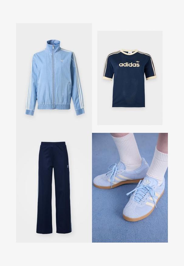 Lys blå trackjakke med lynlås med hvide tre-stribede detaljer på ærmerne og lille broderet logo på venstre bryst.; Adidas mørkeblå mesh t-shirt med korte ærmer med cremefarvet kant, tre cremefarvede striber på ærmerne og Adidas-logo på brystet.; Marineblå bomuldsblandede træningsbukser med bred benstil, elastisk talje og lynlåslommer, prydet med hvide sideordner og logo-detalje.; Lyseblå ruskindsneakers med hvide striber, flade snørebånd og en sål af gummirubber. Ribbet hvide sokker bæres over anklen.
