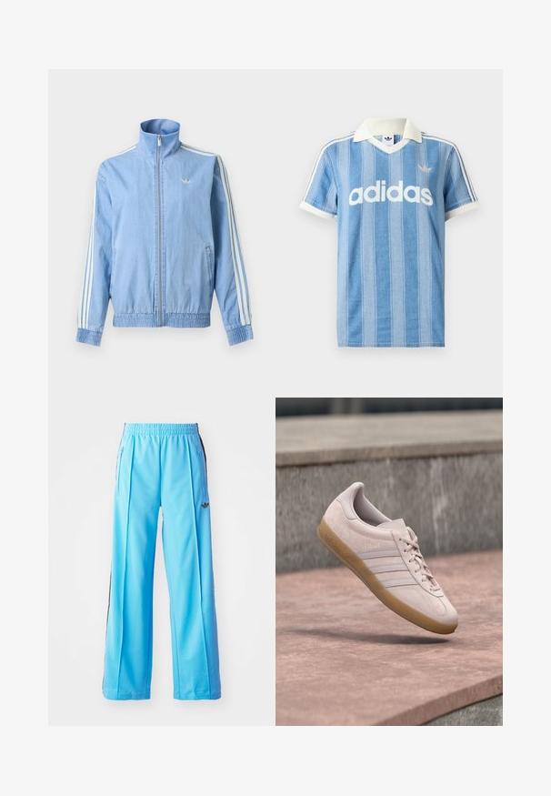Hellblaue Trainingsjacke mit Reißverschluss mit weißen drei Streifen an den Ärmeln und kleinem gesticktem Logo auf der linken Brust.; Hellblaues Poloshirt mit kurzen Ärmeln und vertikalen Streifen, weißen Akzenten und auffälligem weißen "adidas"-Logo auf der Vorderseite.; Hellblaue Sporthose mit elastischem Bund, seitlichen Reißverschlüssen und schwarzen seitlichen Akzenten. Weicher Stoff mit schnittlosem, weit geschnittenem Design.; Hellrosa Wildleder-Sneaker mit einer Laufsohle aus Gummi in Kaugummifarben. Verfügt über drei seitliche Streifen und das eingeprägte "Gazelle"-Logo an der Außenseite.