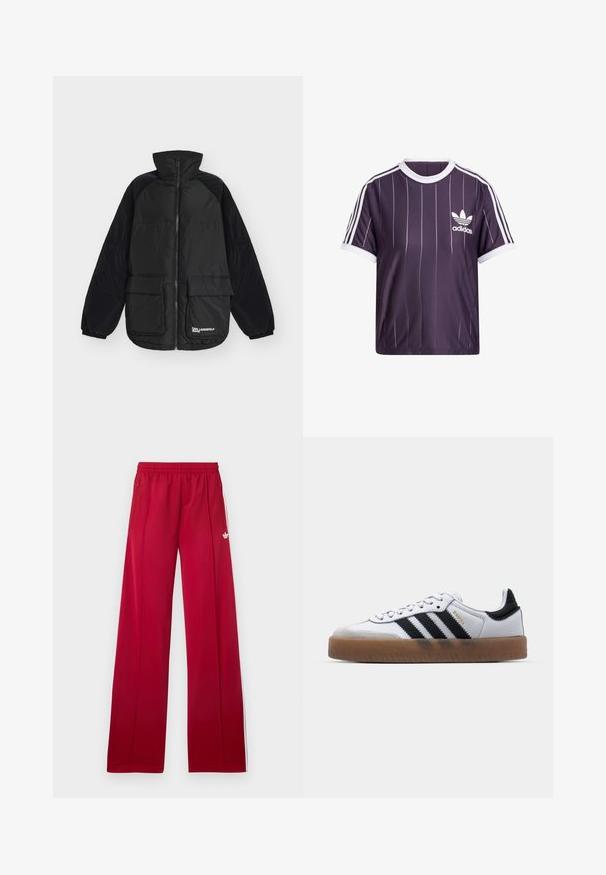 Zwarte pufferjas met hoge kraag, ritssluiting aan de voorkant, twee grote voorzakken, elastische boorden en het logo "Karl Lagerfeld Jeans" op de zak.; Paarse sport-T-shirt met witte verticale strepen, ronde witte kraag en wit Adidas-logo op de linkerborst. Korte mouwen.; Rode trainingsbroek met wijd uitlopende pijpen, elastische tailleband, zijzakken met rits, witte strepen aan de zijkanten en een klein wit logo op de linker dij.; Witte leren sneakers met zwarte strepen, gumrubberen buitenzool, ronde neus, vetersluiting en een zachte grijze suède neuskap.