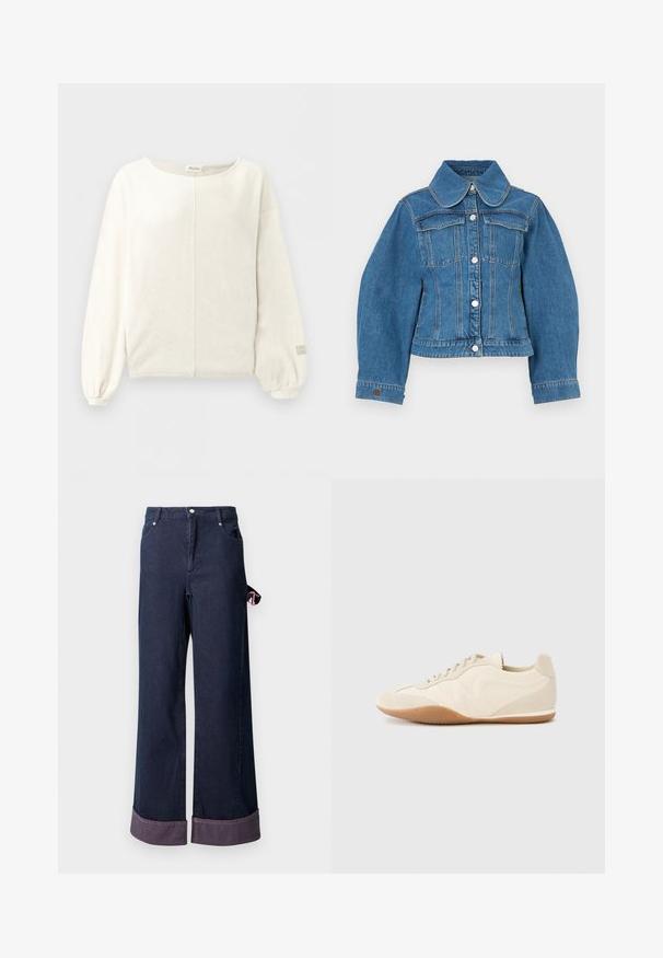 Veste en denim bleu avec un col classique, des poches avant, une fermeture par boutons et des manches longues bouffantes. Les coutures sont visibles le long des coutures.; Pull-over à manches longues couleur crème avec un col rond, une couture centrale, des poignets bouffants et un texte de logo subtil sur le poignet de la manche droite.; Pantalons en denim à jambes larges en coton bleu foncé avec un ourlet soigné, présentant une étiquette d'accent rose sur le côté et un design classique à cinq poches.; Baskets beige clair avec une tige en cuir texturé, des panneaux latéraux texturés et une semelle en caoutchouc. Dotées d'un design fin et épuré ainsi que de lacets plats.