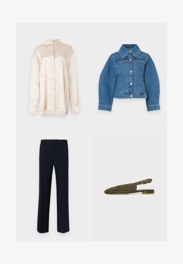 Chaqueta de mezclilla azul con cuello clásico, bolsillos delanteros, cierre de botones y mangas largas abullonadas. La costura es visible a lo largo de las juntas.; AERON ABIGAIL SHIRT - Blusa - silver; Pantalones de corte navy confeccionados en tejido suave, con un diseño de pierna recta, pases para cinturón y detalles de pliegue delantero.; Zapato plano tipo slingback tejido en verde oliva con pequeña hebilla dorada y tacón cuadrado sobre fondo blanco.