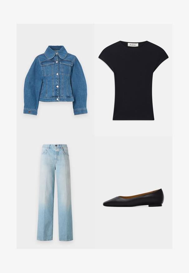 Veste en denim bleu avec un col classique, des poches avant, une fermeture par boutons et des manches longues bouffantes. Les coutures sont visibles le long des coutures.; Haut noir à manches courtes en tissu doux, avec un col rond et une coupe ajustée, ornée de légers accents d'épaule. Étiquette visible.; Jean large en denim bleu clair avec un dégradé usé, featuring un design classique à cinq poches et une fermeture à bouton en métal.; Chaussure plate en cuir noir à bout pointu avec talon bas et finition lisse, vue de côté sur un fond gris clair.