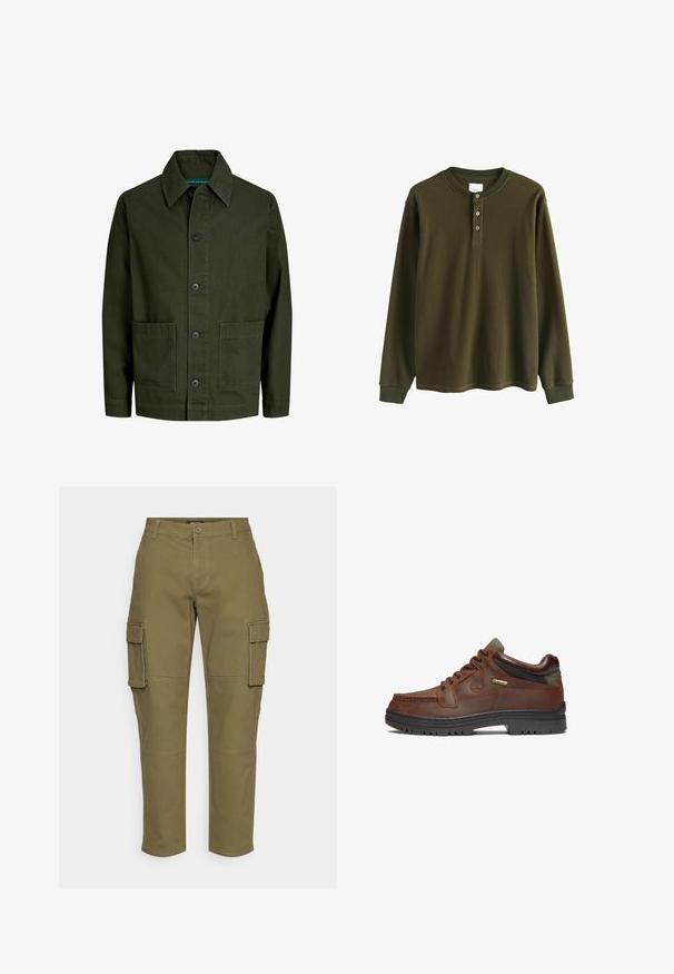 Olijfgroene katoenen jas met een kraag, sluiting met knopen aan de voorkant en twee grote zakken. Eenvoudig ontwerp met zichtbare stiksels.; Olijfgroene langemouwen wafelgebreide henleyshirt met geribbelde manchetten en drie knopen bij de kraag.; Olijfgroene cargobroek met een rechte pijpdesign, voorzien van zijzakken, een knoopsluiting en zichtbare stikseldetails. Gemaakt van duurzaam materiaal.; Bruin leren schoen met een klassiek ontwerp, uitgerust met een vetersluiting, groene accenten en een robuuste zwarte rubberen zool. GORE-TEX® label zichtbaar.