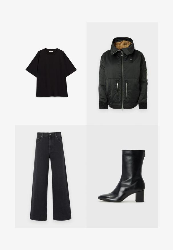 Schwarze Bomberjacke mit einem gesteppten Kragen, einem Pelzfutter und mehreren Reißverschluss-Taschen. Verfügt über gerippte Bündchen und einen Frontreißverschluss.; Schwarzes Baumwoll-T-Shirt mit lockerem Schnitt, kurzen Ärmeln, rundem Ausschnitt und glatter Textur. Keine Muster oder Akzente.; Schwarze, hoch taillierte, weit geschnittene Jeans aus Denim mit vorderem Knopf- und Reißverschluss, Gürtelschlaufen und fünf Taschen.; Schwarze Leder-Ankle-Boots mit spitzer Zehe und 4 cm Blockabsatz. Schlankes Design mit einem seitlichen Reißverschluss für einfaches Anziehen. Glatte Textur.