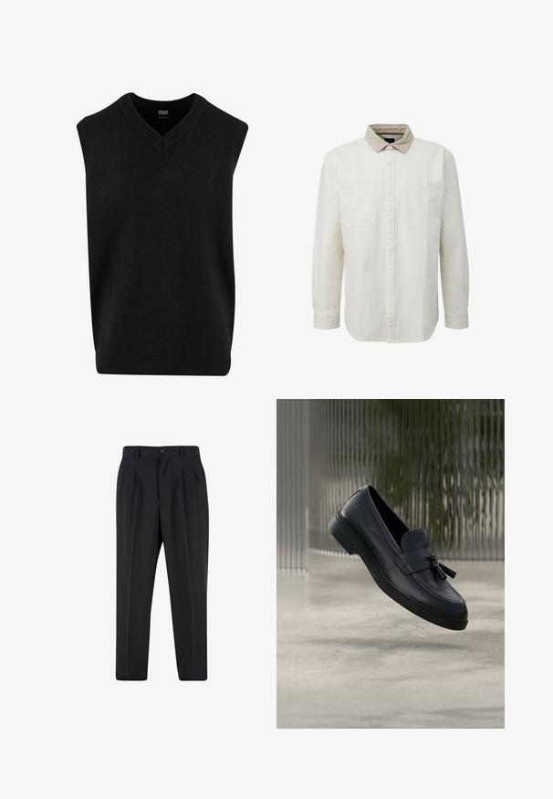 Lichtbeige langemouwen shirt met een corduroy kraag, twee borstzakken en knoopsluiting, gemaakt van een gestructureerde stof.; Zwart mouwloos trui met een V-hals, gemaakt van zacht materiaal, met een geribbelde halslijn en onderrand. Eenvoudig, klassiek ontwerp.; Zwarte op maat gemaakte broek met voorplooien, riemlussen en een knoopsluiting in de taille.; Zwarte leren loafers met een gladde textuur, een afgeronde neus en decoratieve kwastjes aan de voorkant. Flexibele rubberen zool met lage hak.
