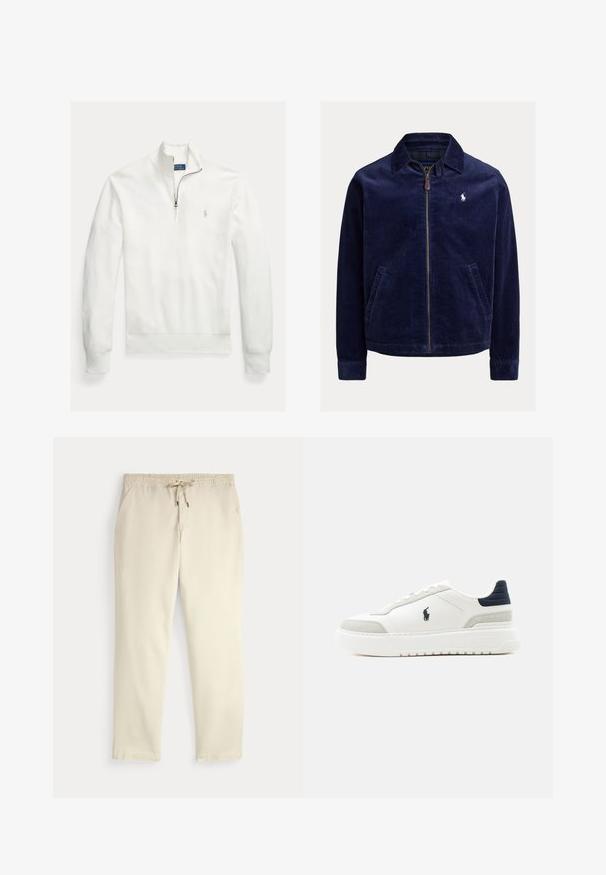 Marineblaue Cordjacke mit durchgehendem Frontreißverschluss, Seitentaschen, Kragen und kleinem weiß gesticktem Polo-Spieler-Logo auf der Brust.; Weißer Pullover mit langem Ärmel, Reißverschlusskragen, gewebter Textur und einem kleinen, grauen, gestickten Logo auf der linken Brust.; Beige legere Hosen mit elastischem Bund und Kordelzug, gerade Hosenbeine und seitlichen Taschen vor einem einfarbigen Hintergrund.; Weißer Sneaker mit niedrigem Schaft, schwarzem Fersenriemen, grauen Wildlederakzenten, dicker Sohle und schwarzem Polo-Logo an der Außenseite.