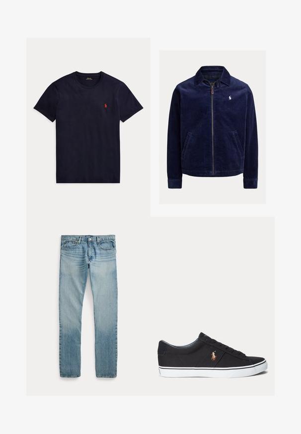 Mørkeblå kordjakke med fuld lynlås foran, sidelommer, krave og lille hvid broderet polo spiller logo på brystet.; Marineblå t-shirt med korte ærmer og rund hals med lille rødt Polo Ralph Lauren-logo på venstre bryst.; Lyseblå straight-leg denimbukser med fem lommer, knaplukning og subtile falmede detaljer omkring lår og knæ.; Sort lav sneakersko med hvid sål og broderet polo spiller logo på siden, med snørebånd og tekstureret stofoverdel.