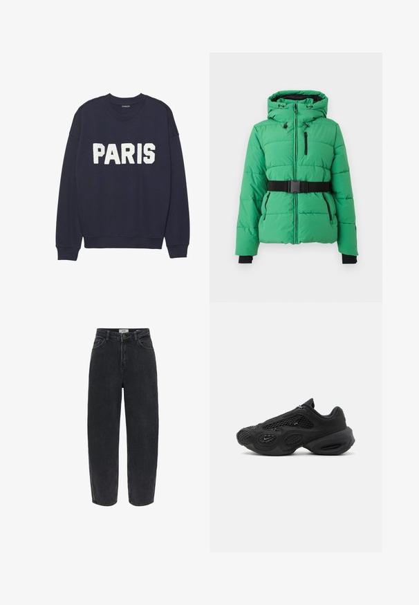 Grøn pufferjakke med hætte, lynlåslukning foran, sorte detaljer, indsnøret sort bælte og sidelommer med quiltet design.; Marineblå sweatshirt med ribbede manchetter og halsudskæring, prydet med hvid fleece-tekst, der står "PARIS" på forsiden.; Svarte jeans med højt talje og lige ben, med frontknap og lynlås, sidelommer og bæltestropper, vist på hvid baggrund.; Sort atletiksneaker med meshpaneler, tyk, polstret sål og lille swoosh-logo på siden, fotograferet mod en ensartet baggrund.