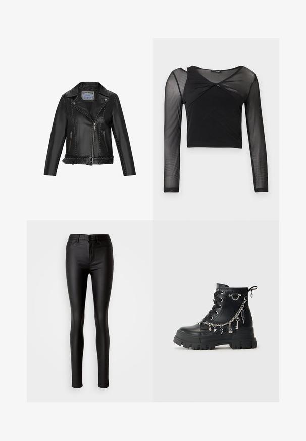 Chaqueta de moto de cuero negra con tachuelas plateadas, cremallera asimétrica, bolsillos laterales y cintura con cinturón para un ajuste ajustable.; Top negro de manga larga recortado con parte superior de malla transparente en el pecho, hombros y mangas, con un detalle frontal torcido en el escote.; Jeans skinny de imitación cuero negro con una textura suave, cintura alta, cierre de botón y diseño tradicional de cinco bolsillos.; Botín de cuero negro hasta el tobillo con suela gruesa, que presenta acentos de cadena plateada, charms y un aro de metal redondo. Acabado texturizado y diseño de cordones.