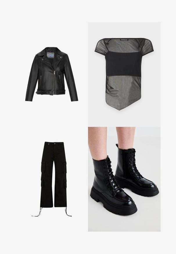 Zwarte leren motorjack met zilveren studs, asymmetrische rits, zijzakken en een verstelbare taille met riem.; Zwart doorschijnend mesh top met een vierkante halslijn, korte mouwtjes en een asymmetrische zoom.; Zwarte cargobroek met een relaxte pasvorm, met cargozakken aan de zijkanten, koordjes aan de onderkant en een knoopsluiting in de taille.; Zwarte leren enkellaarsjes met een dikke zool, vetersluiting aan de voorkant en een rits aan de zijkant; heeft een gladde afwerking en een verhoogde neuskap.