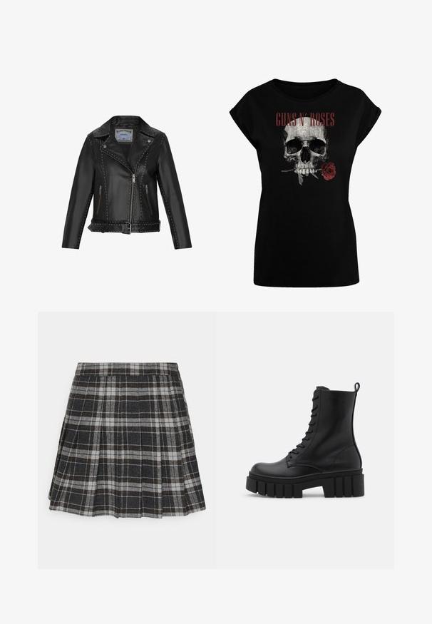 Schwarze Leder-Motorradjacke mit silbernen Nieten, asymmetrischem Reißverschluss, seitlichen Taschen und einem mit Gürtel verstellbaren Bund.; Schwarzes kurzärmliges T-Shirt mit einem grafischen Design eines Schädels mit einer roten Rose und dem Text "GUNS N' ROSES" in fettem Rot darüber.; ONLY ONLCHELSEA - Faltenrock - black/white; Schwarze Lederknöchelstiefel mit klobiger, gerippter Sohle, Schnürung vorne und Zuglasche auf glattem weißen Hintergrund.