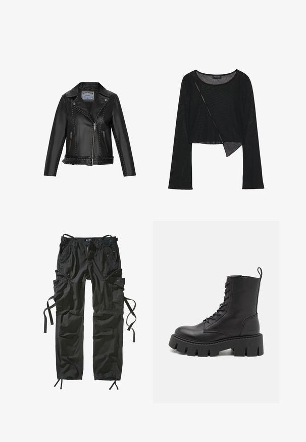 Veste de moto en cuir noir avec des clous argentés, fermeture éclair asymétrique, poches latérales et taille ceinturée pour un ajustement réglable.; Crop top noir à manches longues en tissu léger et transparent. Il présente un col rond et un ourlet asymétrique avec une légère texture.; Pantalons cargo noirs en tissu léger, avec plusieurs poches, des côtés à cordon de serrage, et une coupe décontractée avec des coutures renforcées.; Bottine noire en cuir avec un devant à lacets, semelle épaisse et tirette en boucle ; texture lisse et branding subtil sur le talon.