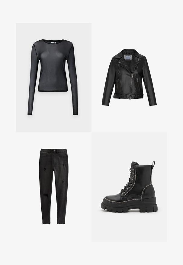 Zwarte leren motorjack met zilveren studs, asymmetrische rits, zijzakken en een verstelbare taille met riem.; Zwarte lange mouwen doorzichtige mesh top met ronde hals en aansluitende pasvorm, weergegeven op een effen achtergrond.; Zwarte skinny jeans van denim, met gescheurde accenten, een hoge taille, vijf zakken en een onafgewerkte zoom bij de enkels.; Zwarte leren enkel laarzen met een stevige rubberen zool, voorzien van een vetersluiting aan de voorkant, een zijrits en zilveren ritssluiting accenten.