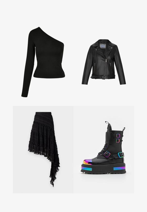 Zwarte leren motorjack met zilveren studs, asymmetrische rits, zijzakken en een verstelbare taille met riem.; Zwarte top met lange mouwen en een asymmetrische halslijn. Gemaakt van een gladde stof, met een getailleerd ontwerp en een gebogen zoom. Geen patronen of versieringen.; Zwarte asymmetrische rok met textuurplooien, gelaagde ruches en een smocktailleband. Lichtgewicht stof met een doorschijnende afwerking.; Koi Footwear COSMIC FIRE METAL PLATFORM BOOTS - Veterboots - black/multi-coloured