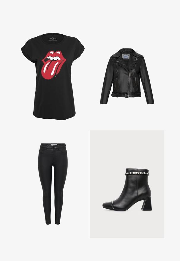Veste de moto en cuir noir avec des clous argentés, fermeture éclair asymétrique, poches latérales et taille ceinturée pour un ajustement réglable.; T-shirt noir en coton avec un motif graphique en rouge et blanc du logo des Rolling Stones représentant des lèvres et une langue sur le devant. Encolure ronde.; Jean skinny noir avec une texture en denim lisse, taille mi-haute, design à cinq poches et fermeture à bouton à l'avant.; Bottine en cuir noir avec talon bloc, ornée de clous argentés autour du bord supérieur et de l'embout.