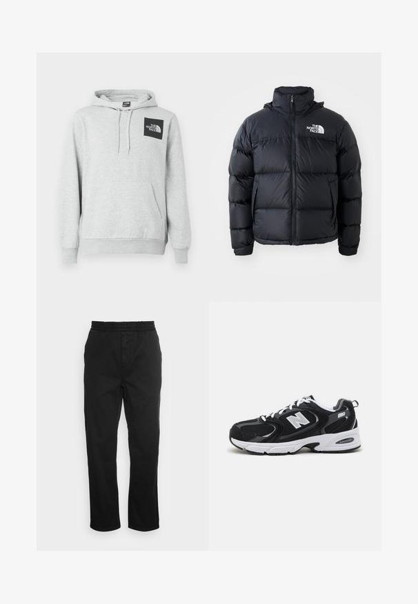 Sort dunjakke med lynlås, polstrede sektioner, høj krave og The North Face-logo på øverste venstre side. Glat tekstur, ingen synlige mønstre.; Grå hoodie lavet af en bomuldsblanding, har en kengurulomme, snøre til hætten og et sort logo-patch på brystet.; Sorte bomuldsbukser med elastisk talje, lige ben og sidelommer. Glat tekstur uden mønstre eller accenter.; Sorte og grå sportssko med mesh og ruskind på overdelen, der har en hvid mellemsål, snørebånd og et iøjnefaldende "N" logo på siden.