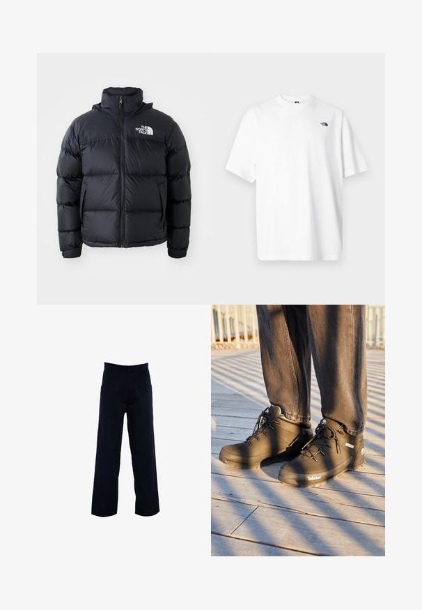 Chaqueta de plumas negra con cierre de cremallera, secciones acolchadas, cuello alto y logo de The North Face en la parte superior izquierda. Textura suave, sin patrones visibles.; Camiseta blanca de algodón con mangas cortas, diseño de cuello en V, con un pequeño logo negro en la parte superior izquierda. Textura suave, ajuste relajado.; Pantalones oscuros de navy con un diseño de pierna recta, confeccionados con una tela suave, que cuentan con bolsillos laterales y una cintura clásica.; Las botas de senderismo negras de Timberland presentan un diseño de caña alta, una superficie texturizada y cordones redondos, todo ello sobre un fondo de suelo de madera.