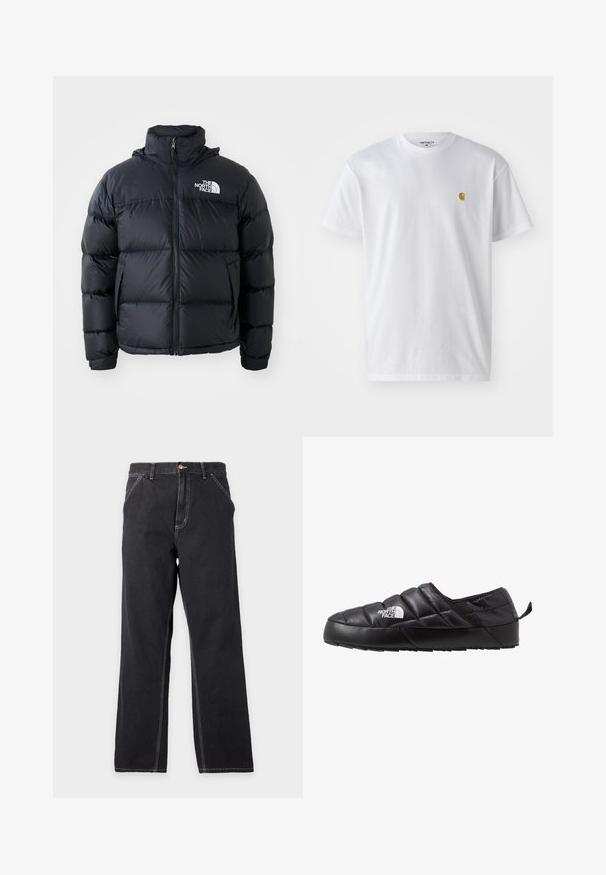 Doudoune noire avec fermeture éclair, sections rembourrées, col montant et logo The North Face en haut à gauche. Texture lisse, sans motifs visibles.; T-shirt en coton blanc à manches courtes, col rond, avec un petit logo doré sur la poitrine gauche. Texture douce et coupe régulière.; Jean noir à coupe droite avec poches avant, passants de ceinture et coutures blanches visibles sur un fond gris clair uni.; Chaussure noire à enfiler avec un design matelassé, fabriquée en matériau rembourré. Elle présente une semelle en caoutchouc texturée et une petite languette à l'arrière.