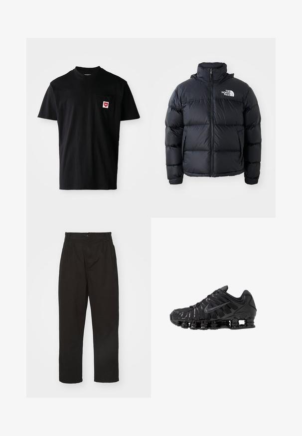Schwarze Pufferjacke mit Reißverschluss, gepolsterten Abschnitten, hohem Kragen und dem The North Face-Logo in der oberen linken Ecke. Glatte Textur, keine sichtbaren Muster.; Schwarzes Baumwoll-T-Shirt mit rundem Halsausschnitt, kurzen Ärmeln und einer linken Brusttasche, die mit einem roten Herz-Patch und weißem Text versehen ist.; Schwarze Hose aus glattem Stoff, mit Knopfverschluss, geradem Schnitt und zwei vorderen Falten für zusätzlichen Detail.; Schwarze Sportschuhe aus Mesh- und synthetischen Materialien mit einem markanten wellenförmigen Design, schwarzer Gummisohle und reflektierenden Akzenten.