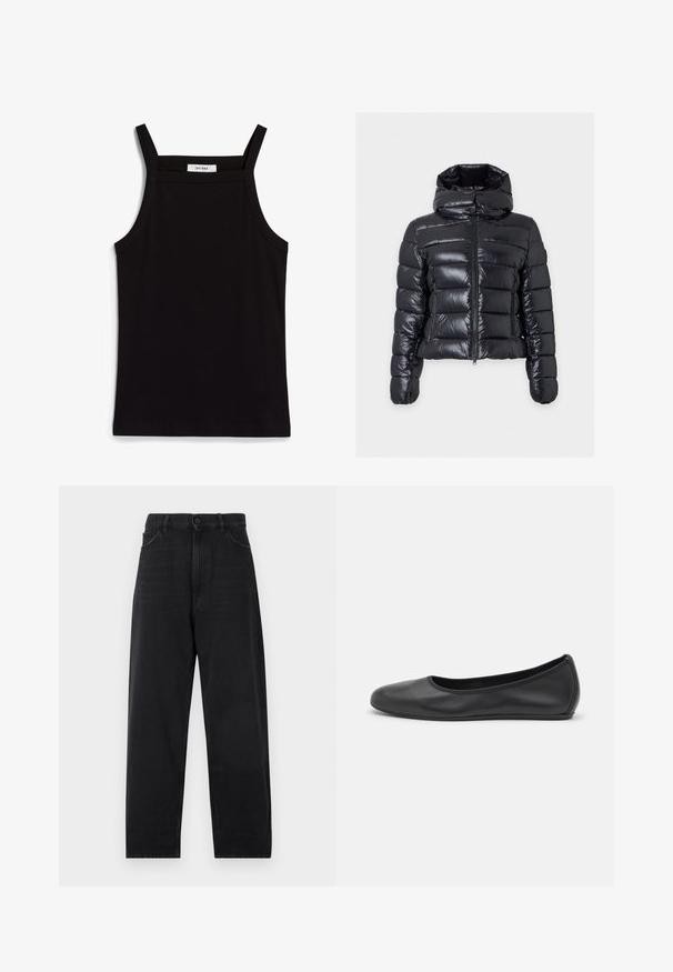 Veste matelassée noire brillante avec piqûres horizontales, fermeture éclair devant, col rembourré haut et manches longues sur un fond uni.; Débardeur noir à fines bretelles, en tissu côtelé, avec une coupe droite et une étiquette au niveau du col indiquant "IVY OAK."; Jean en denim noir avec une taille haute, coupe droite, fermeture à bouton et style classique à cinq poches. Texture lisse avec des coutures discrètes.; Ballerines en cuir noir avec un bout rond, texture lisse, détails de couture minimalistes et design de semelle flexible.