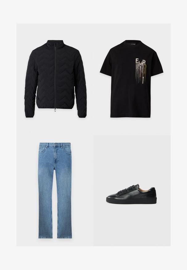 Chaqueta negra acolchada con cremallera frontal completa, cuello alto, mangas largas y puños elásticos sobre fondo blanco liso.; Camiseta negra de manga corta con un logo vertical metálico plateado y dorado "EMPORIO ARMANI" en la zona izquierda del pecho.; Vaqueros de mezclilla azul claro con corte recto, cinco bolsillos, cierre con cremallera y costuras en contraste. La tela tiene un acabado liso y texturizado.; Zapatilla negra de cuero con una textura suave, puntera redonda y cierre de cordones. Presenta una suela de goma gruesa y un detalle de marca mínimo.