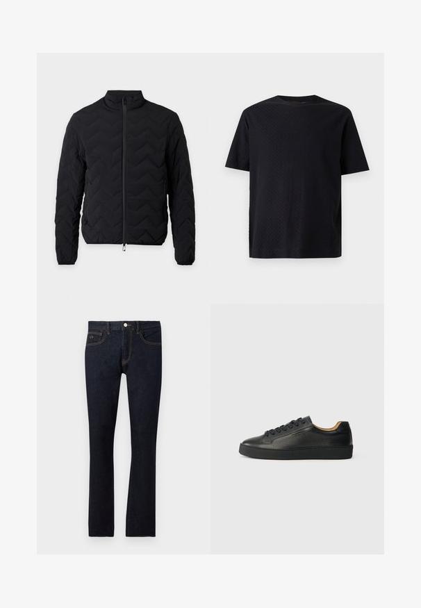 Veste noire matelassée avec fermeture éclair intégrale, col montant, manches longues et poignets élastiques sur fond blanc uni.; T-shirt noir à manches courtes et col rond avec un motif texturé subtil sur fond uni gris clair.; Jean droit de couleur indigo foncé avec bouton frontal, fermeture éclair, design à cinq poches et détails de couture orange subtil.; Baskets basses en cuir noir avec surface texturée, lacets noirs et semelle en caoutchouc épaisse, présentées de côté sur un fond clair.