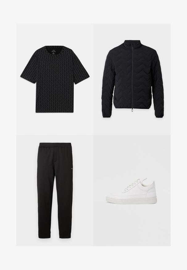 Veste noire matelassée avec fermeture éclair intégrale, col montant, manches longues et poignets élastiques sur fond blanc uni.; T-shirt noir avec un motif texturé de logos 'A' alternés, manches courtes et col rond. Fabriqué en tissu léger.; Pantalon de sport noir en tissu doux. Taille élastique et poignets élastiques. Présente un petit logo sur le côté. Coupe droite.; Baskets en cuir blanc avec un embout arrondi, une semelle plate et un laçage à l'avant. Présentent des détails de couture et un col rembourré pour plus de confort.