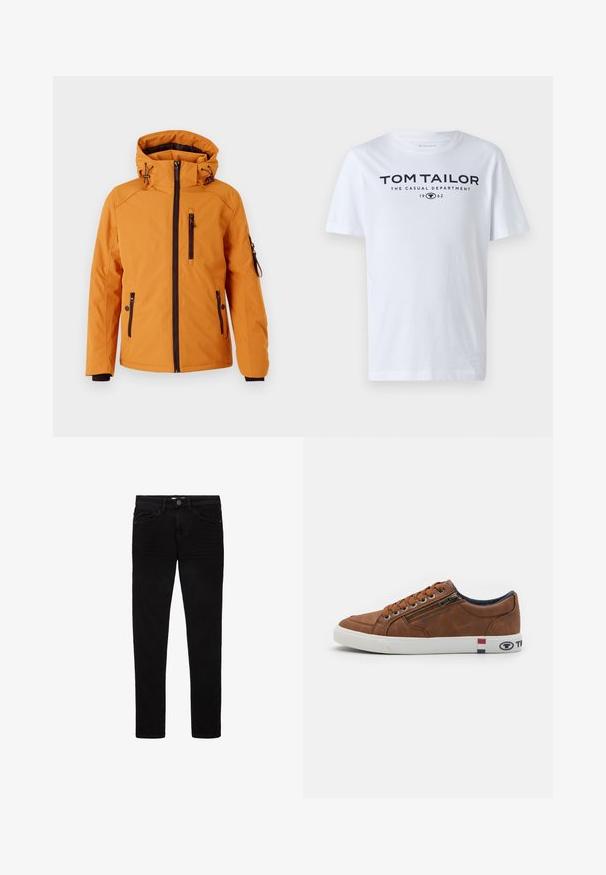 TOM TAILOR PADDED JACKET - Vinterjakker - peanut butter brown; Hvid bomulds t-shirt med rund hals, korte ærmer og navy tekst, der læser "TOM TAILOR THE CASUAL DEPARTMENT 1962."; Sorte jeans lavet af denim, med et slim fit design, fem lommer og en knaplukning. Glat tekstur og minimale syninger.; Brune lædersneaker med hvid gummisål, snøring foran, lynlås i siden og logo accenter i rød, hvid og blå på hælen.