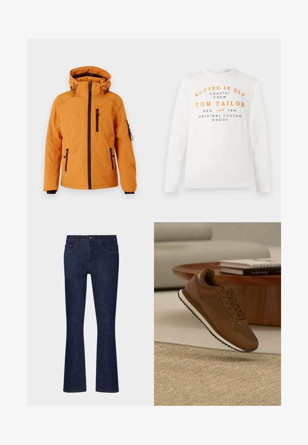 TOM TAILOR PADDED JACKET - Χειμωνιάτικο μπουφάν - peanut butter brown; Λευκό πουκάμισο με μακριά μανίκια που έχει πορτοκαλί και μαύρο κείμενο που γράφει "Rooted in QLY Coastal Crew Tom Tailor Reg 1962 TRM Original Custom Goods" μπροστά.; Σκούρο μπλε τζιν παντελόνι με φαρδύ καβάλο, μέσης μέσου ύψους, πέντε τσέπες και αντίθετη ραφή. Λείος υφασμάτινος τύπος με ελάχιστη φθορά.; Καφέ αθλητικό παπούτσι με λευκή σόλα αιωρείται πάνω από μπεζ χαλί μπροστά από ξύλινο τραπέζι με στοιβαγμένα βιβλία και φόντο έναν ανοιχτό γκρι καναπέ.