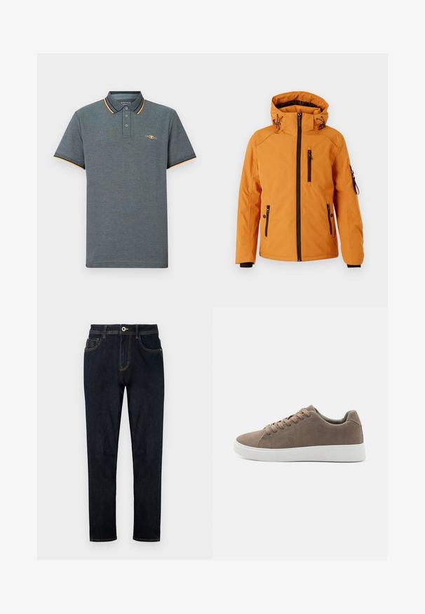 TOM TAILOR PADDED JACKET - Vinterjakker - peanut butter brown; Grå polo shirt med et tekstureret stof, der har en tre-knaps placket, lyseblå og orange kraveaccenter samt et lille logo på brystet.; TOM TAILOR TTJOSH REGULAR SLIM FIT - Jeans Straight Leg - rinsed blue denim; Brune ruskinds sneakers med flade hvide gummisåler, snørelukning, rund tå og en glat overflade. Minimalistisk stil med diskrete syninger.