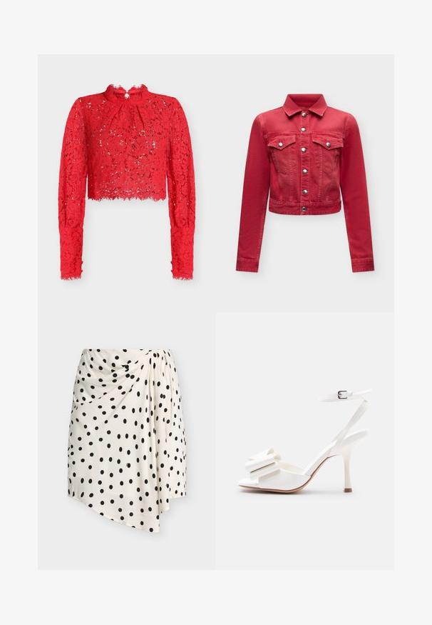 Veste en jean rouge avec boutons argentés, poches poitrine à rabat, manches longues et col classique sur un fond clair uni.; Haut court en dentelle rouge à manches longues avec un col à volants et des motifs floraux, doté d'une texture transparente et de bords festonnés.; Jupe asymétrique blanche à pois noirs avec un détail drapé sur un côté sur un fond uni.; Sandale blanche à talon haut avec bride à la cheville, bout ouvert et nœud décoratif sur la bride avant sur un fond uni.